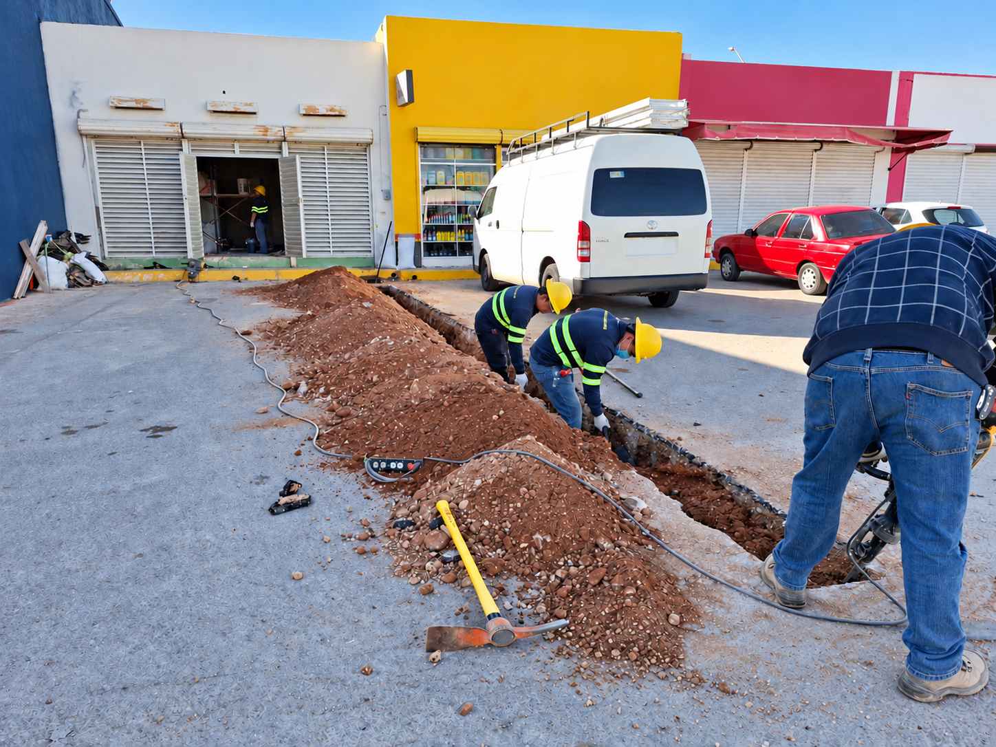 Crew working on the service entrance excavation
