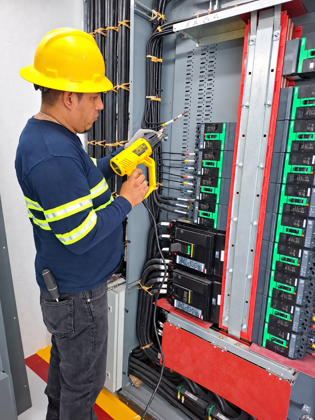 Técnico trabajando en las conexiones del tablero