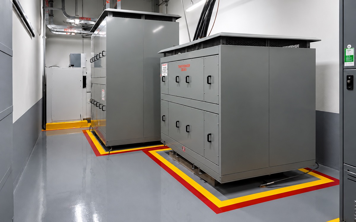 Transformadores en cuarto eléctrico, sobre bases con señalización de seguridad