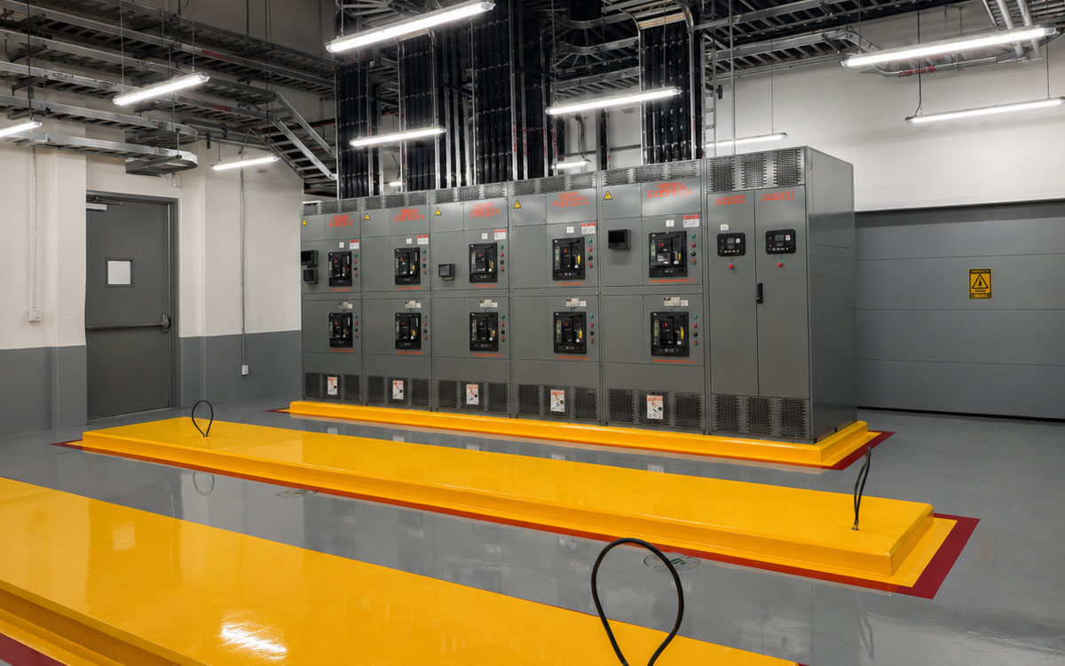 Fila de tableros de distribución en sala eléctrica de misión crítica